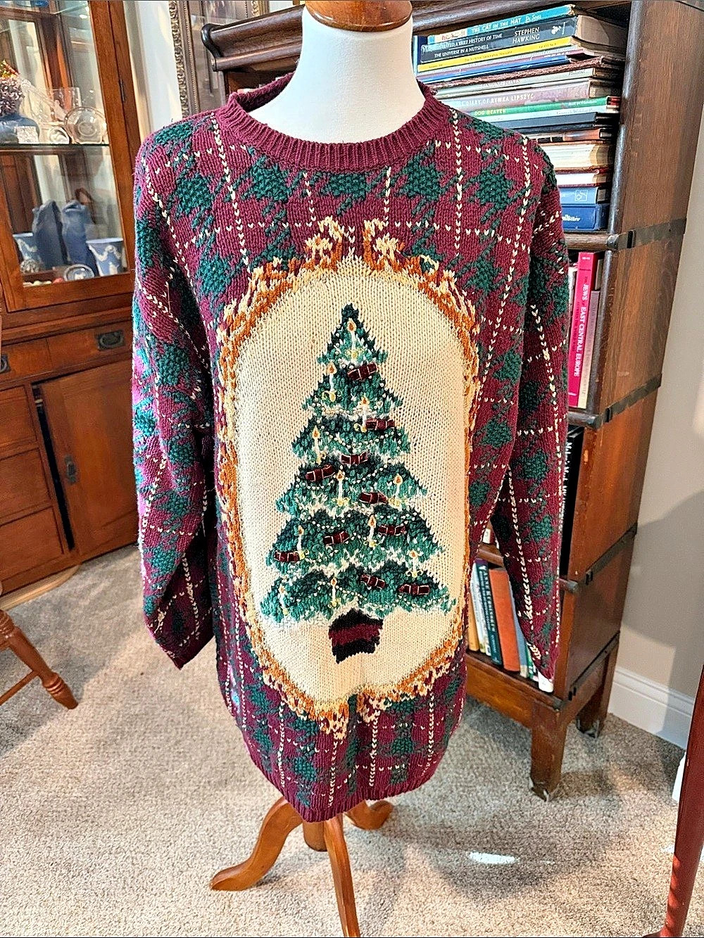 Talbots Vintage Christmas Tree Hand Knitted Sweater with bow detailing Burgundy